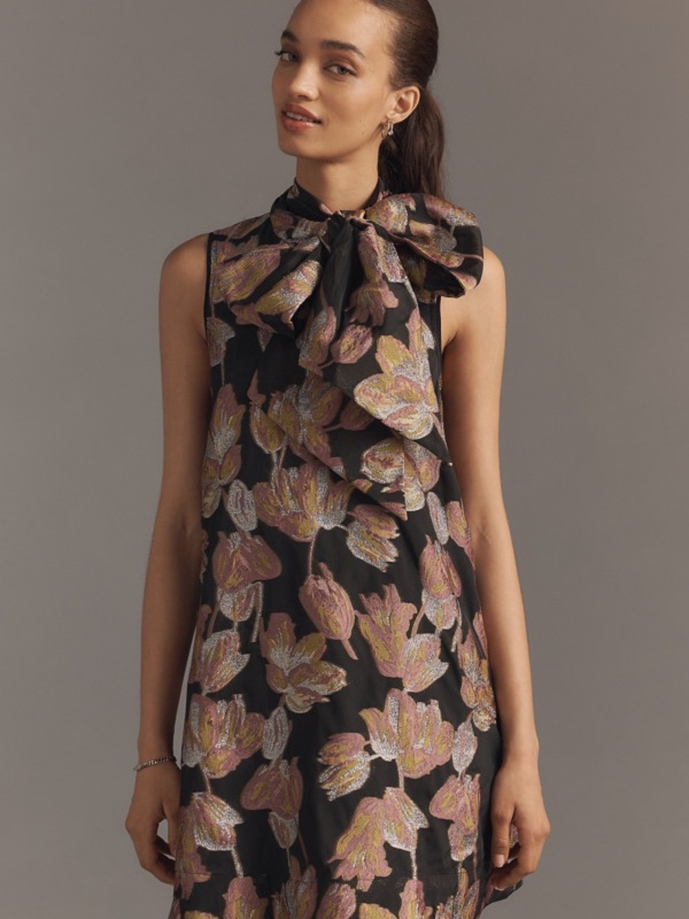 Maeve Black Floral Bow-Neck Mini Dress